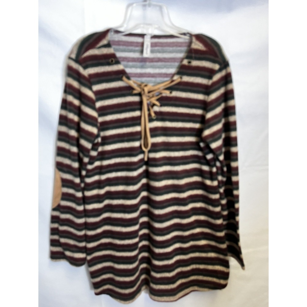Lilypad Striped Long Sleeve Tunic Top Criss Cross Tie Neck Elbow Patch Large